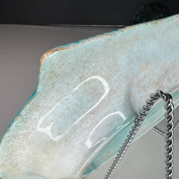 Antique Majolica Banana Leaf Basketweave Bread Serving Tray Blue Glaze 19th C - Picture 4 of 16